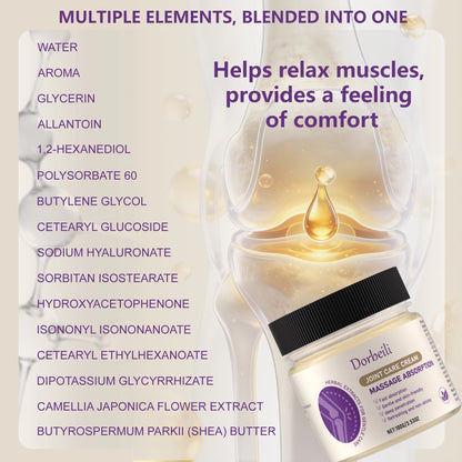 Infographic showing complete ingredient list for joint care massage cream with joint relief description