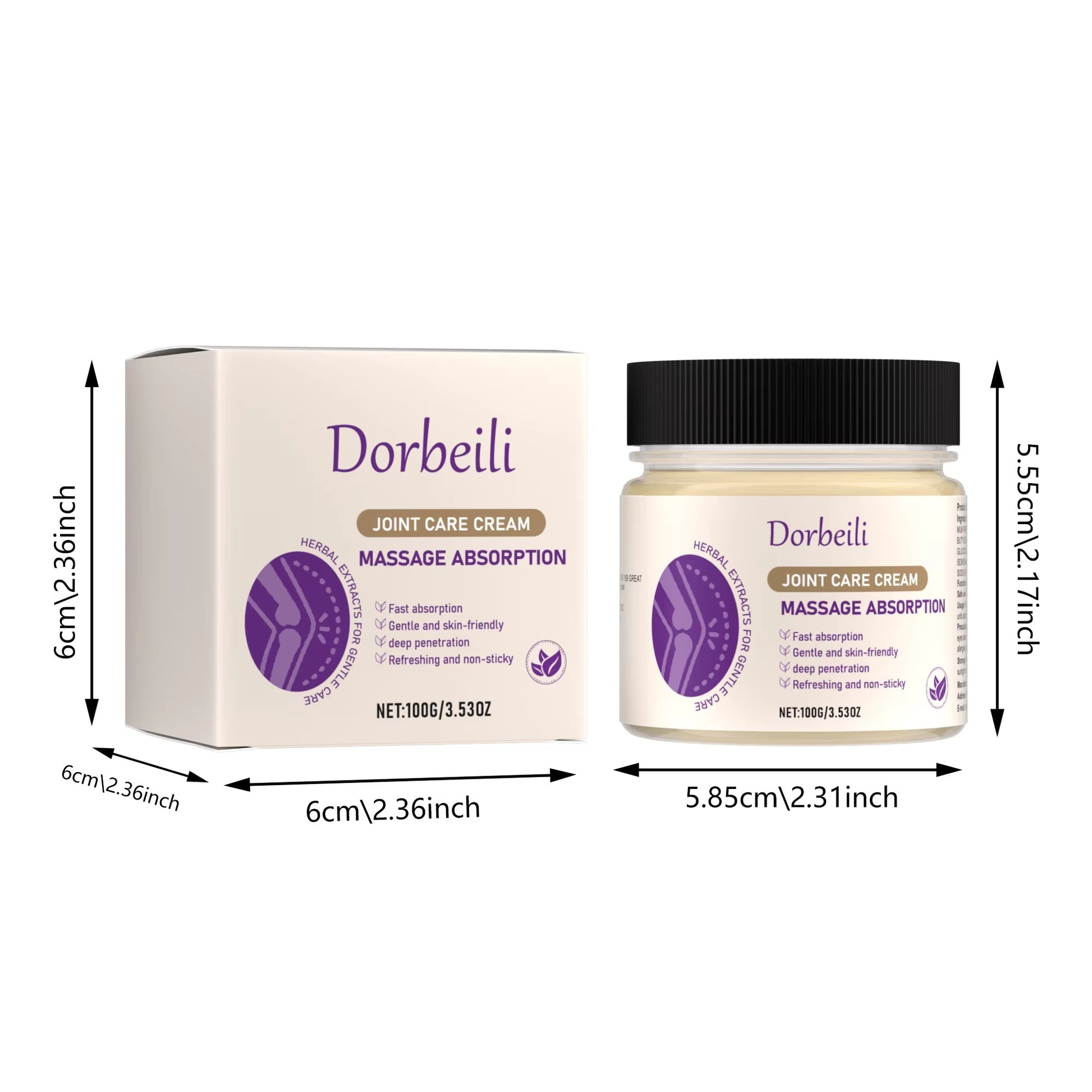 joint care cream jar and matching outer packaging box with detailed size dimension markings