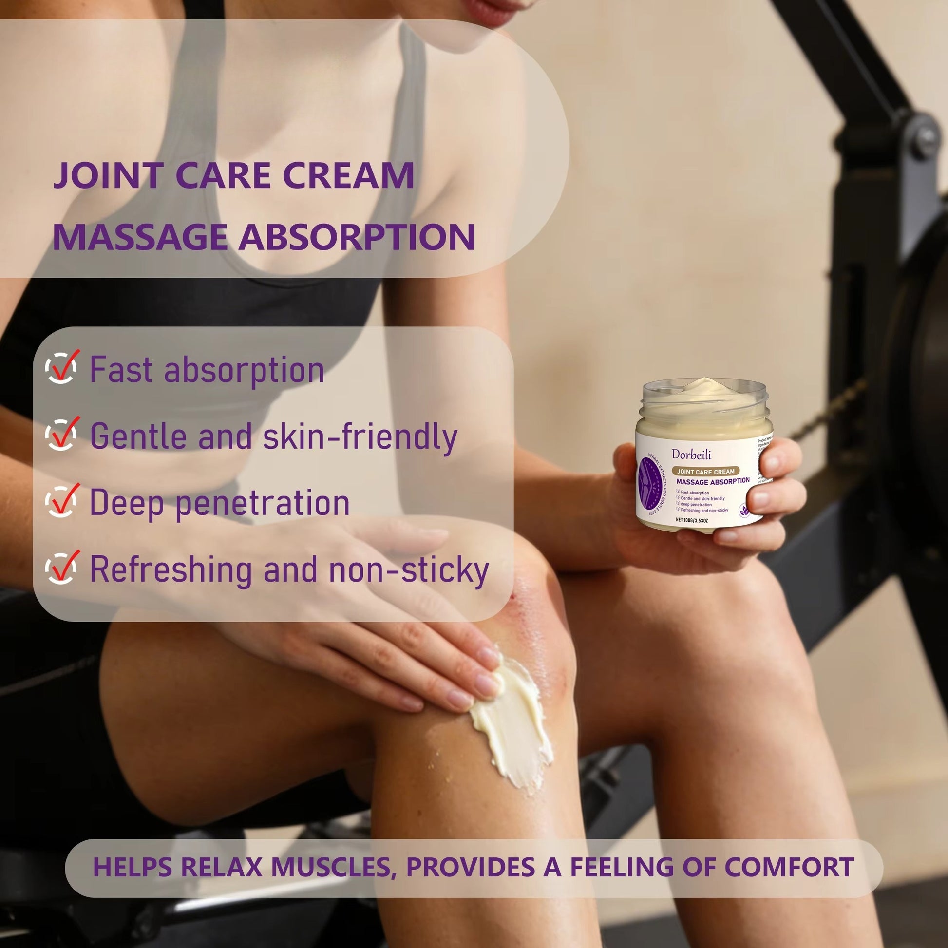 Lady spreading joint care cream on knee, listing fast absorption and skin-friendly features