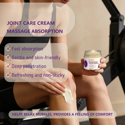 Lady spreading joint care cream on knee, listing fast absorption and skin-friendly features