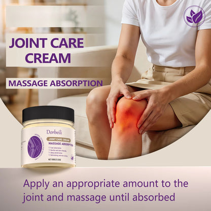 Woman applying joint care massage cream on sore knee with usage instructions displayed