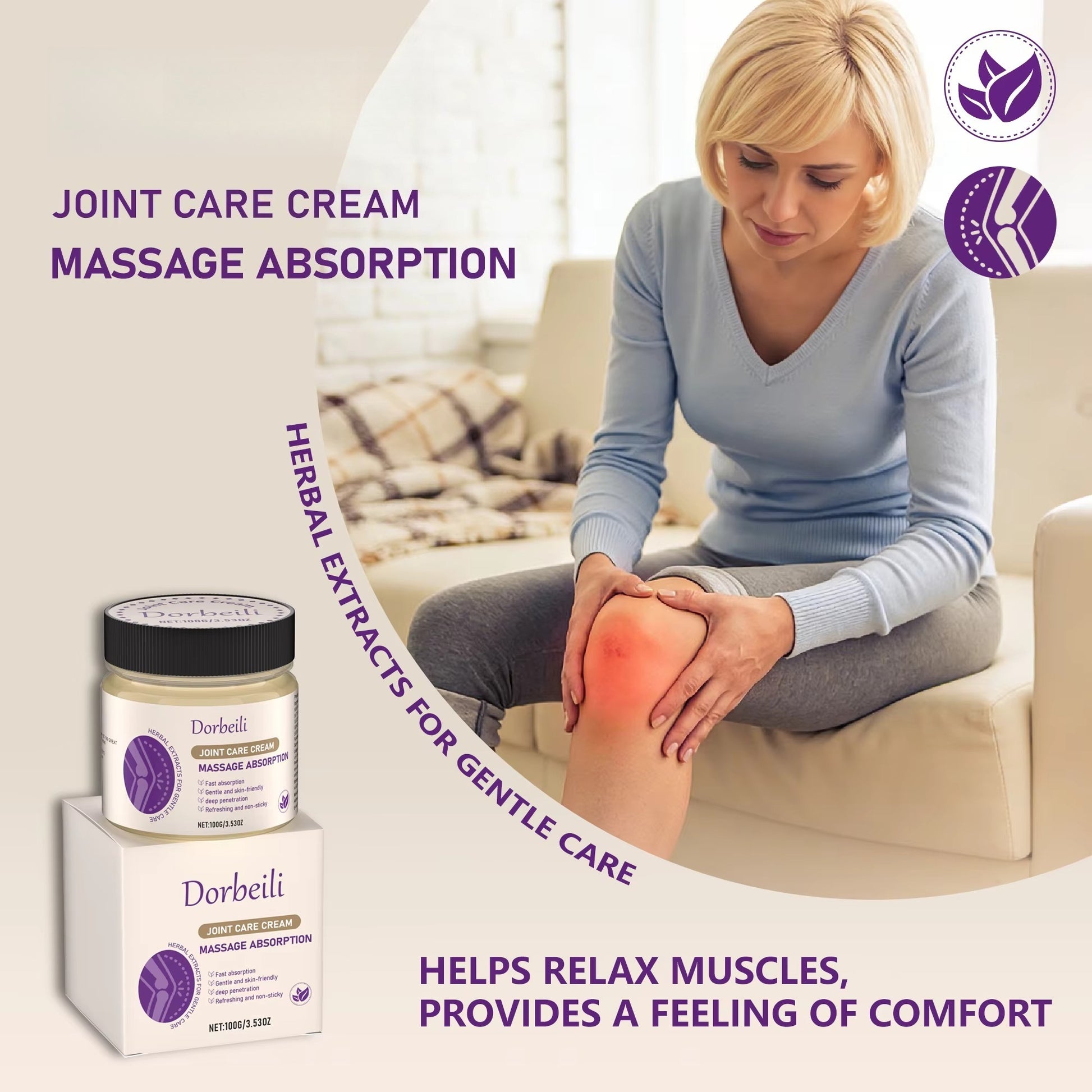 Blonde woman massaging painful knee next to packaged joint care massage cream jar