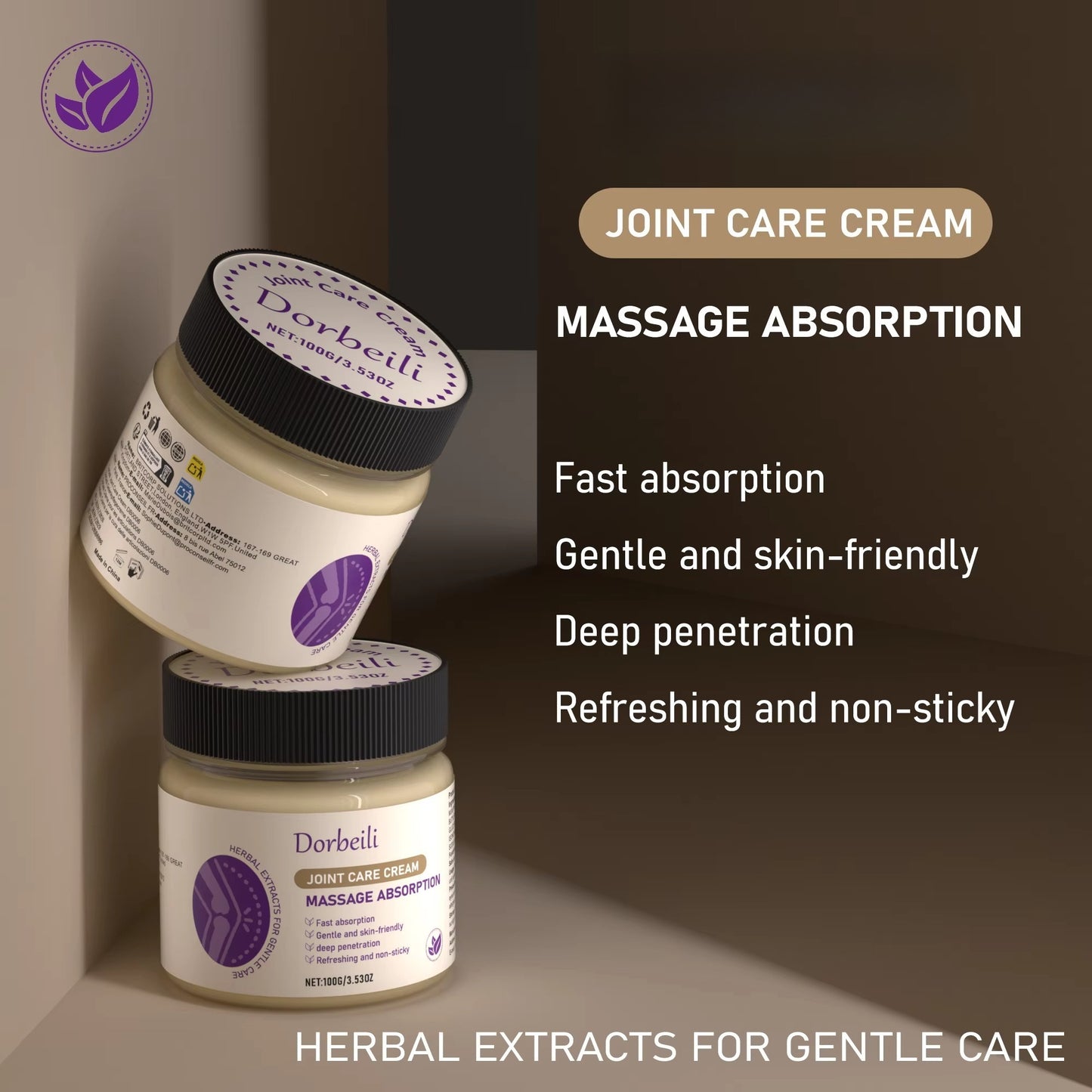 Two stacked joint care cream jars displaying core product features and herbal gentle care slogan