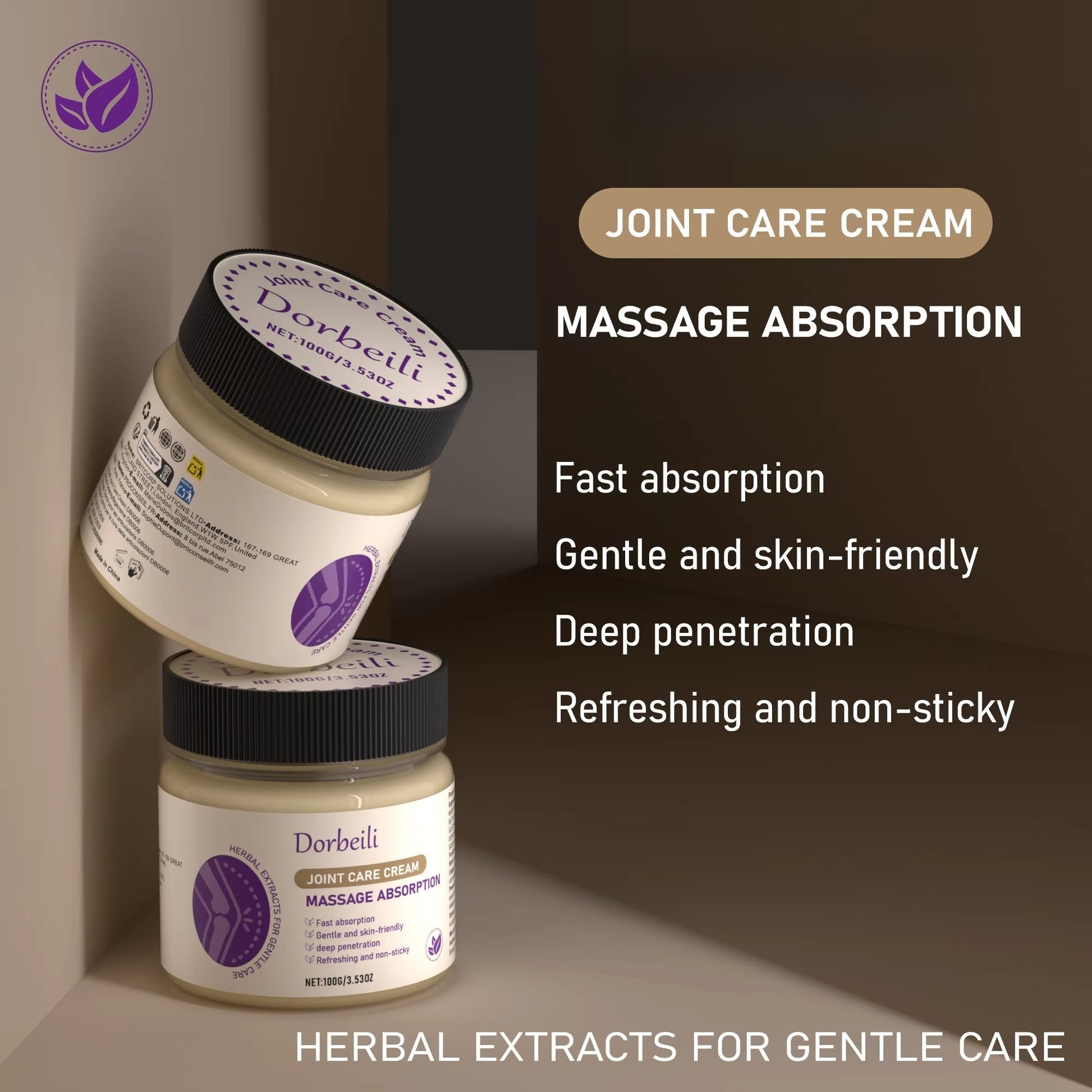 Two stacked joint care cream jars displaying core product features and herbal gentle care slogan