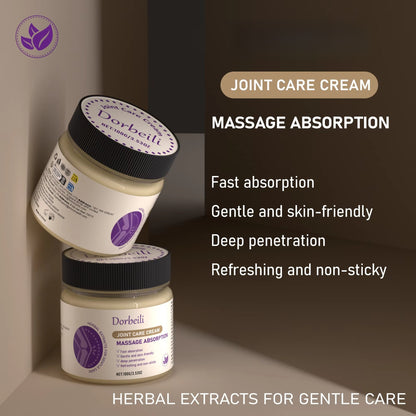 Two stacked joint care cream jars displaying core product features and herbal gentle care slogan