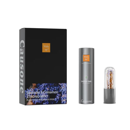 Lavender cinnamon scented herbal inhaler with complete outer packaging box displayed side by side