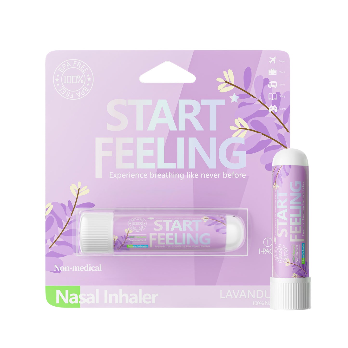 Single lavender nasal inhaler blister pack displayed next to a separate loose inhaler stick