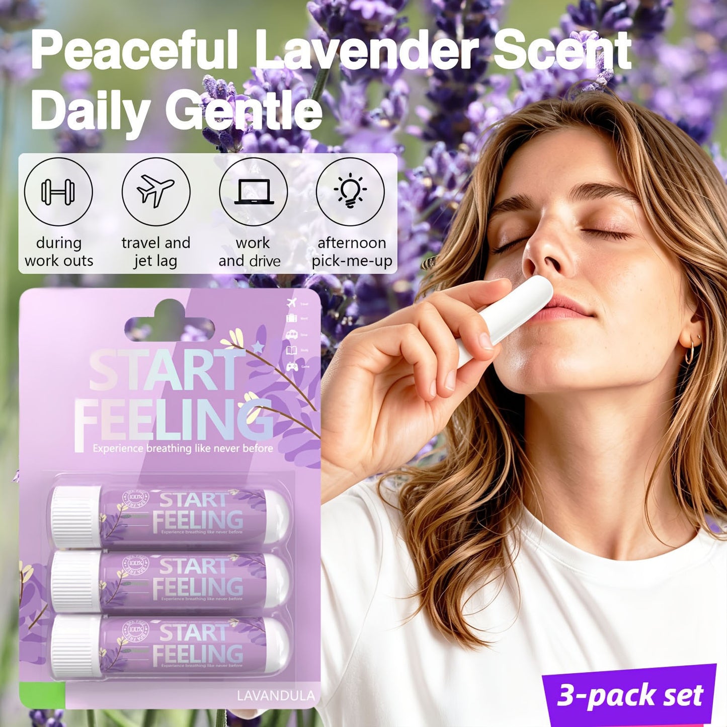 Three pack lavender nasal inhaler set shown with real inhalation usage demonstration
