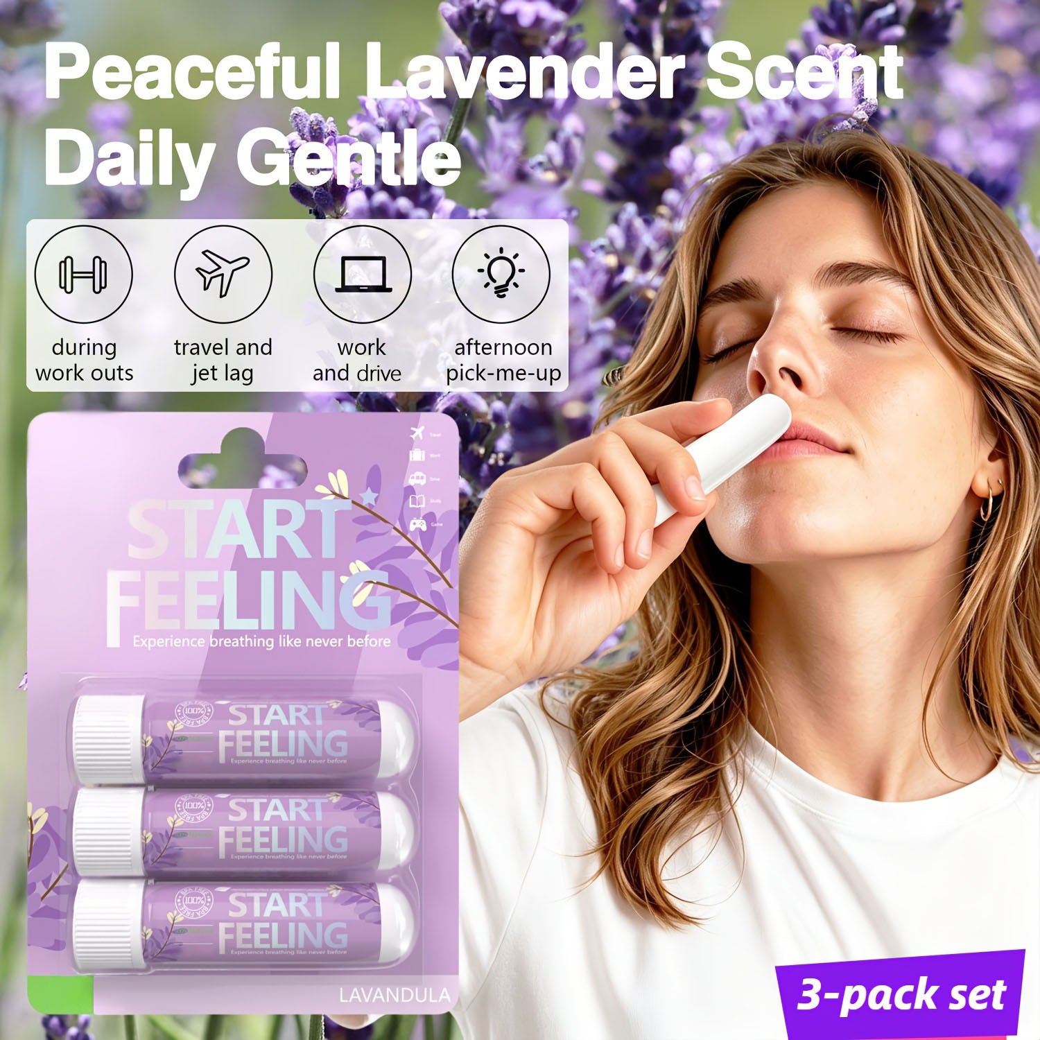 Three pack lavender nasal inhaler set shown with real inhalation usage demonstration