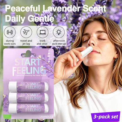Three pack lavender nasal inhaler set shown with real inhalation usage demonstration