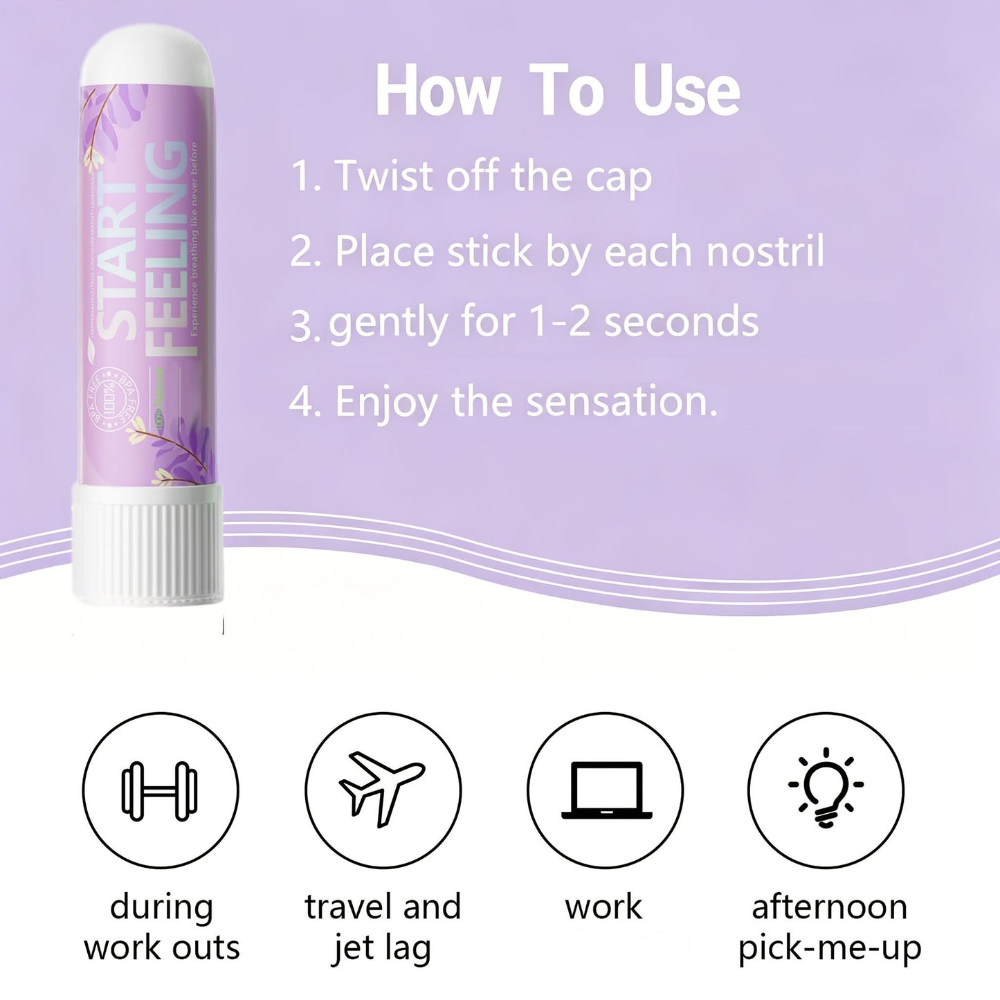 Four simple steps to open and use the calming lavender nasal inhaler