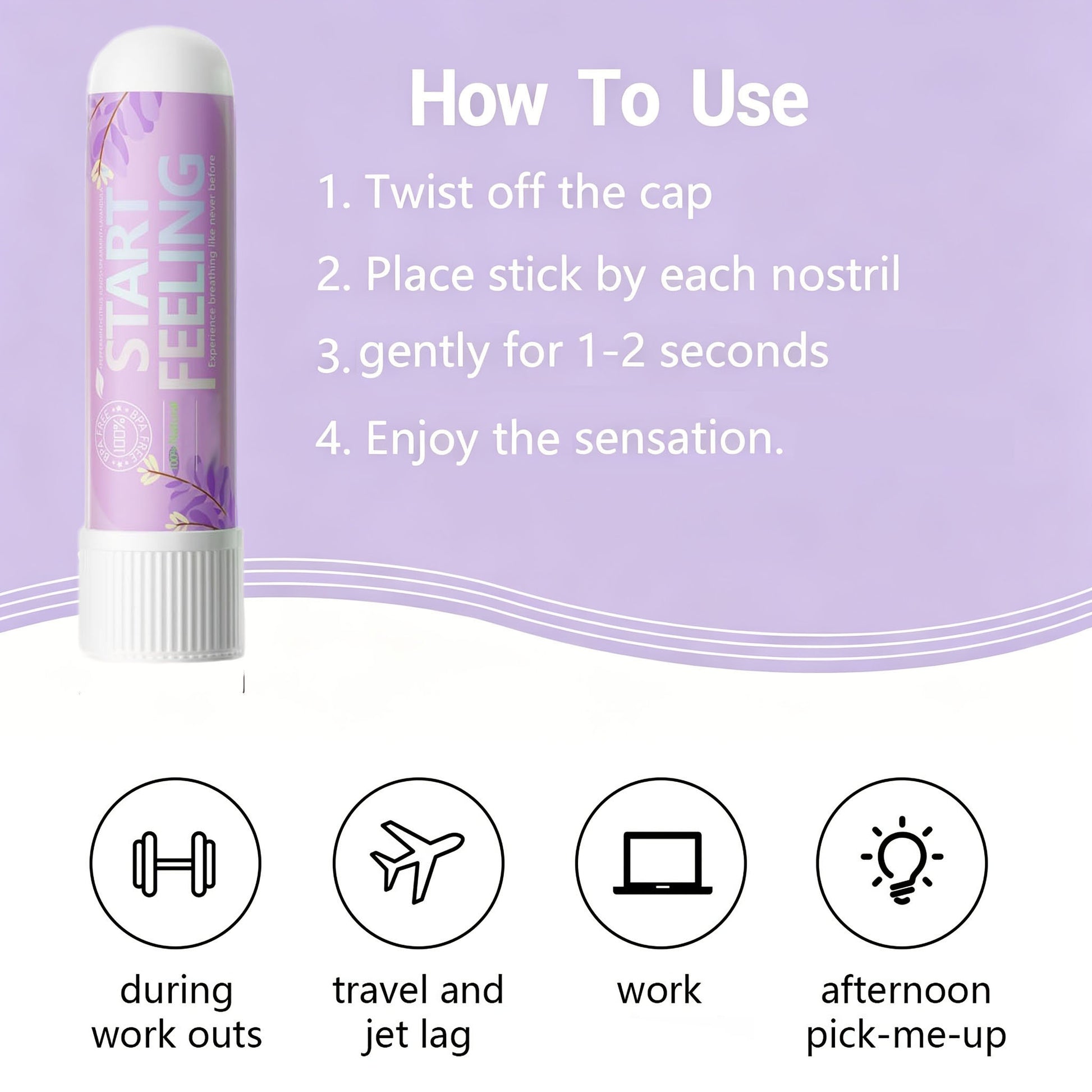 Four simple steps to open and use the calming lavender nasal inhaler