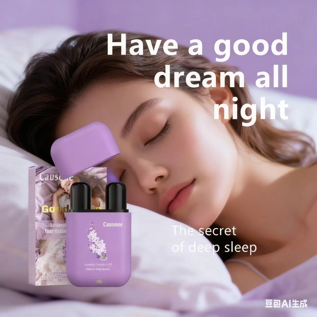 Portable lavender nasal inhaler shown as an aid for peaceful overnight sleep