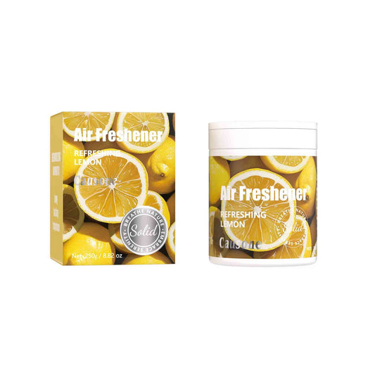 Refreshing lemon scented solid air freshener jar and retail box