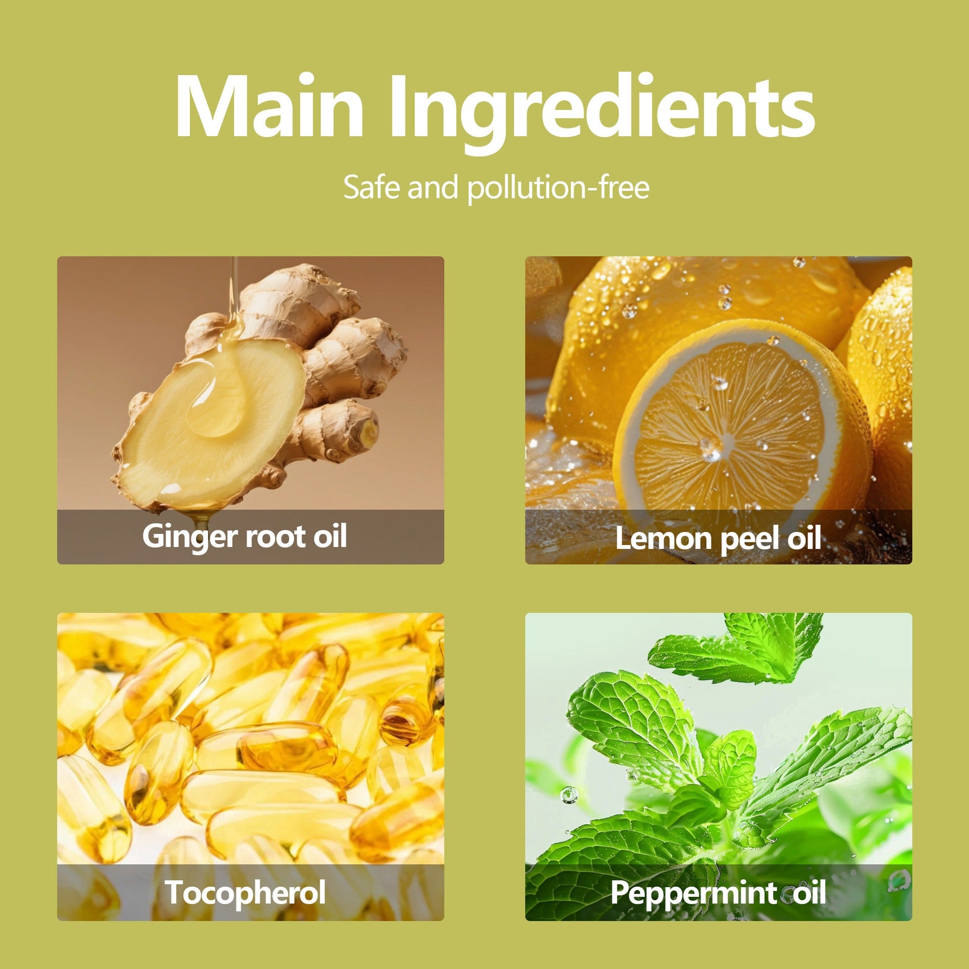 Four key natural ingredients of the roll-on massage essential oil listed clearly