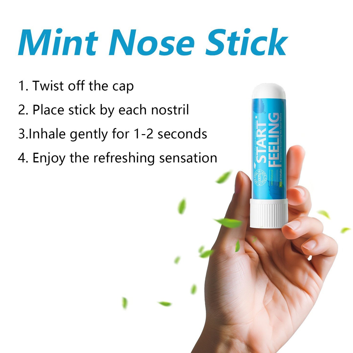 Four simple steps to open, position and inhale from the mint nose stick