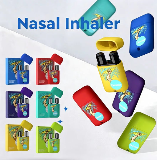 Complete range of colorful dual nozzle nasal inhalers with matching outer packaging boxes floating for showcase