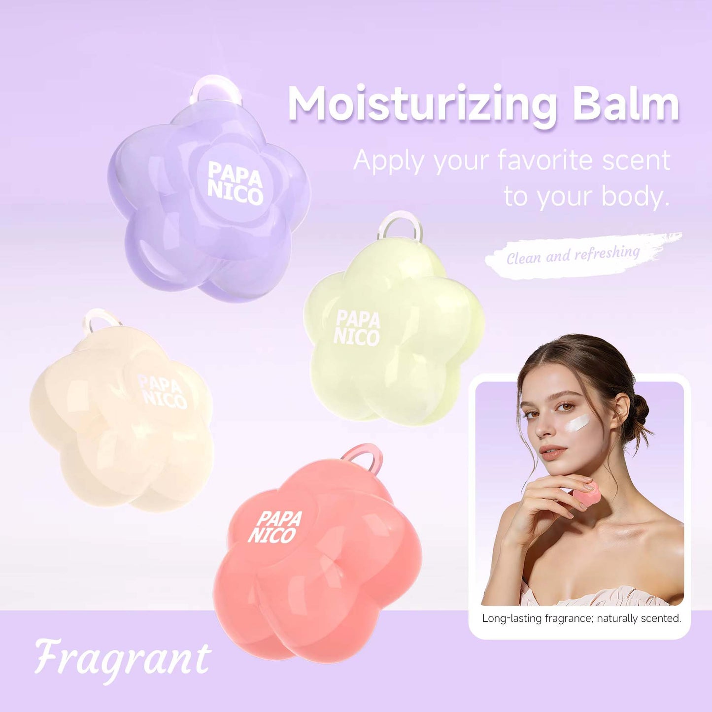 Multi-color flower scented moisturizing balm skincare scene with model