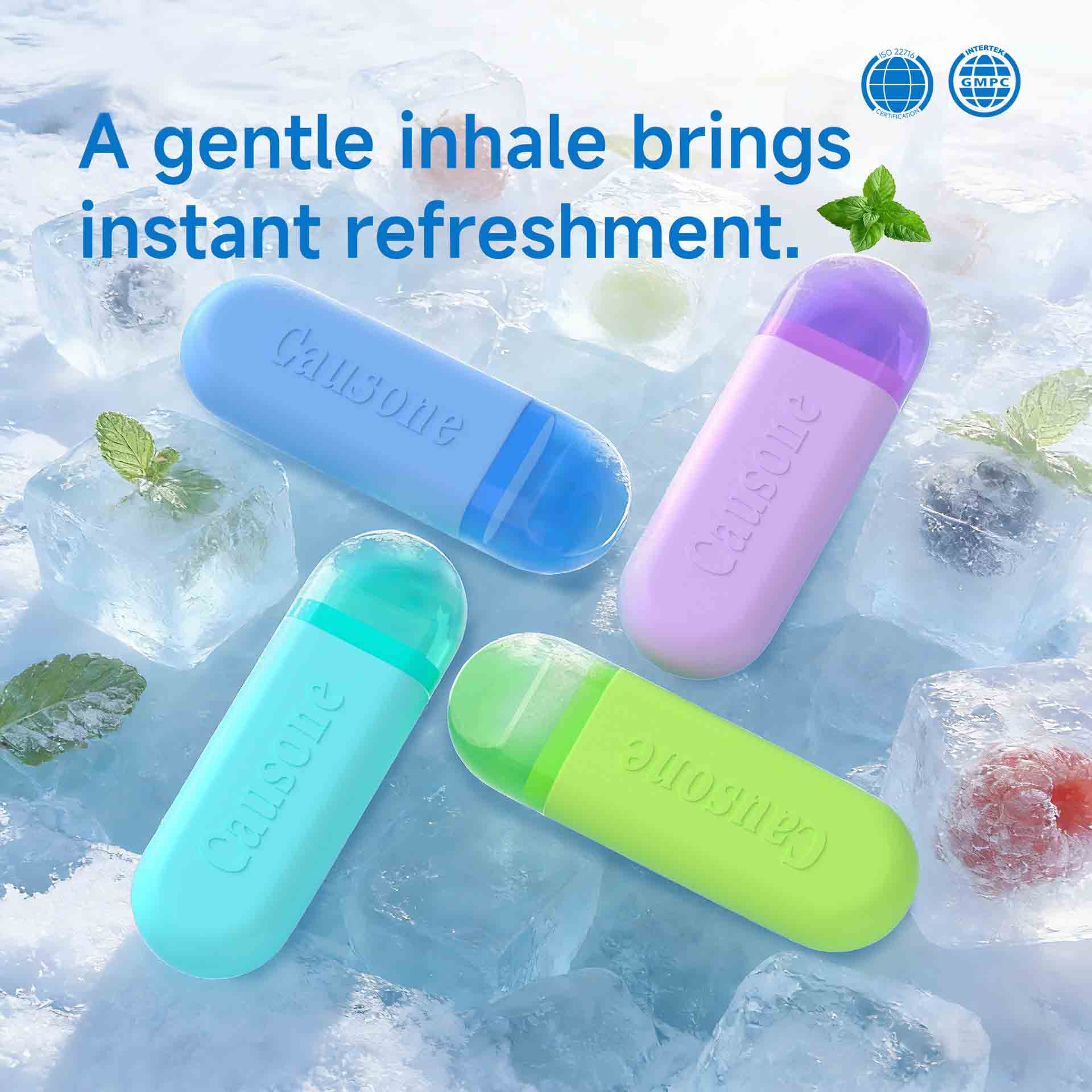 Four assorted portable breath freshener sticks laid out on ice cubes with mint leaves