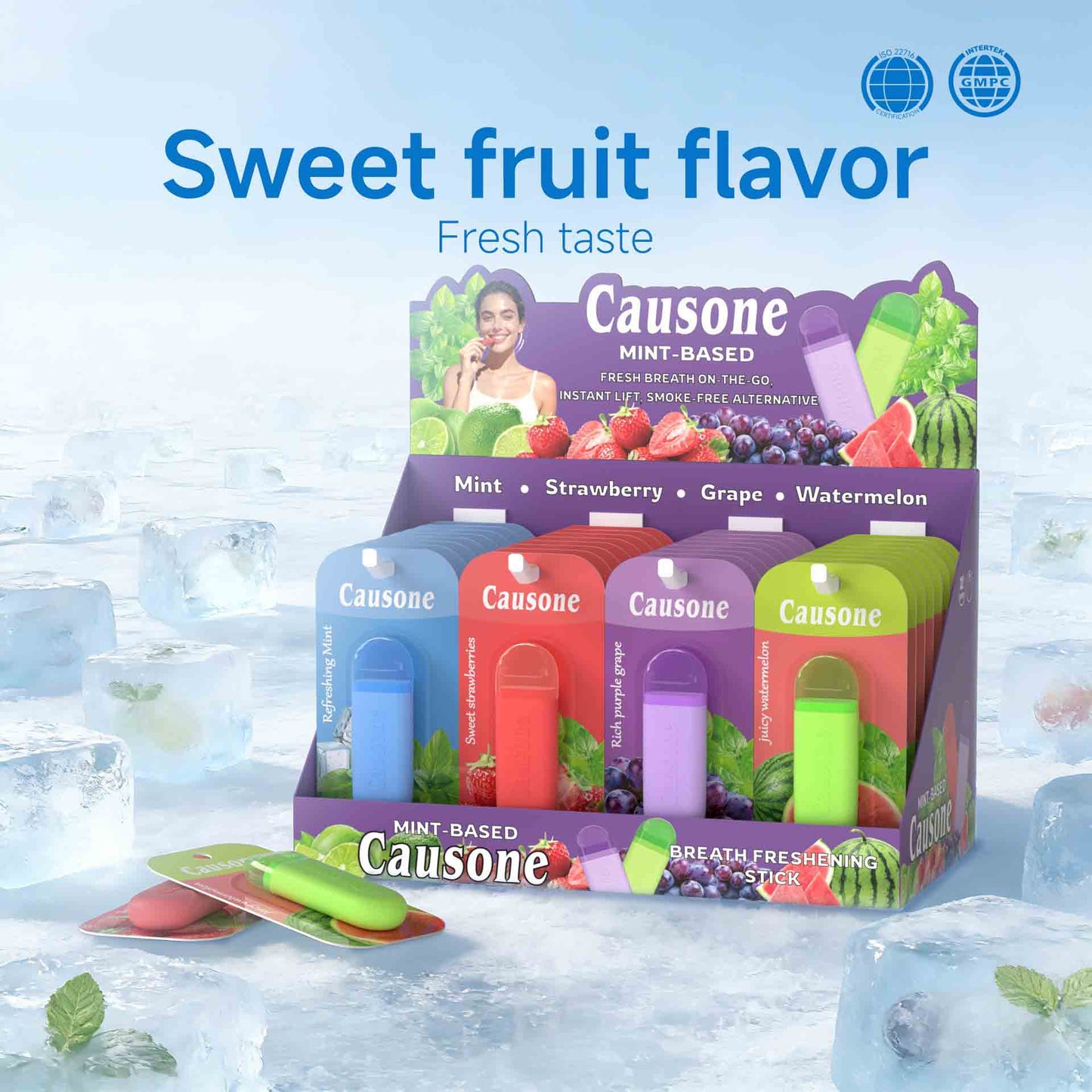 Retail display box filled with assorted fruit mint breath freshening sticks set on icy surface