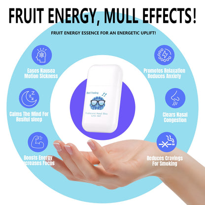 Hand holds portable nasal stick surrounded by icons showing multiple practical usage benefits