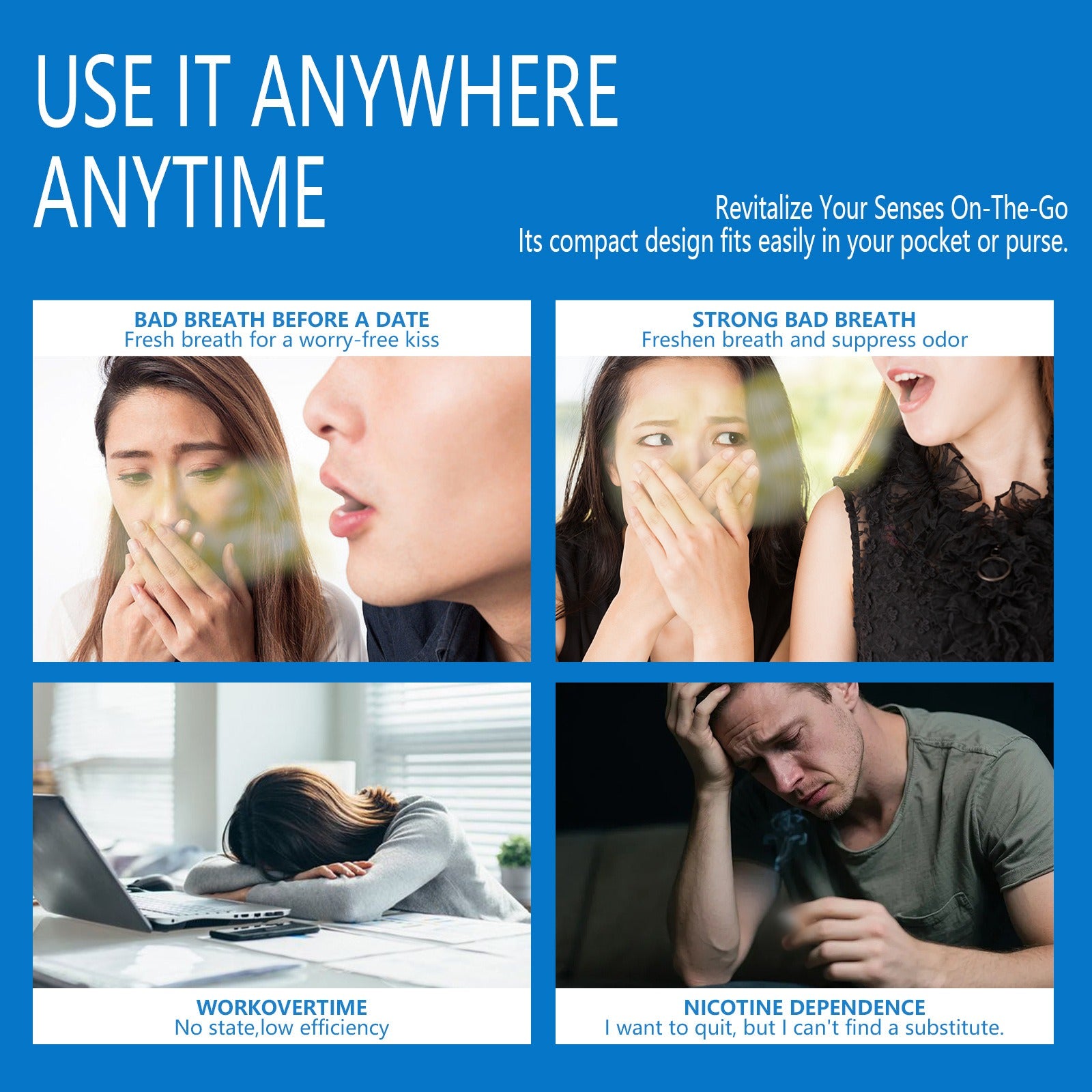 Infographic showing multiple daily occasions to use portable breath freshening sticks