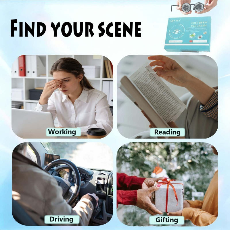 Four daily scenarios working reading driving and gifting shown for the portable eye care kit
