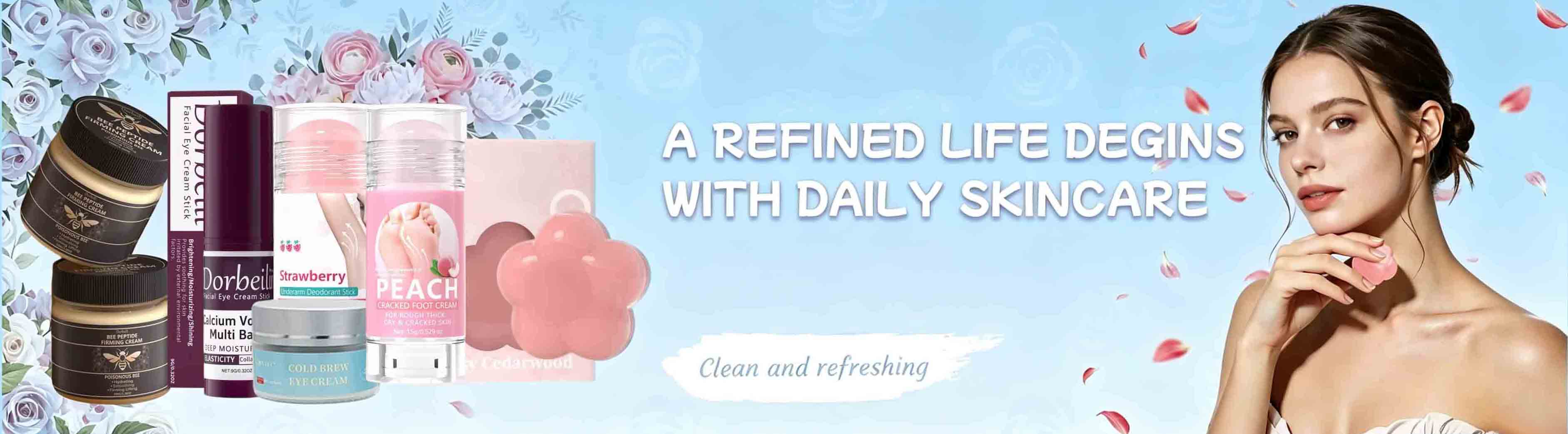 Elegant floral skincare homepage banner displaying eye cream, foot cream and hair cream beside a woman modeling daily body care goods.