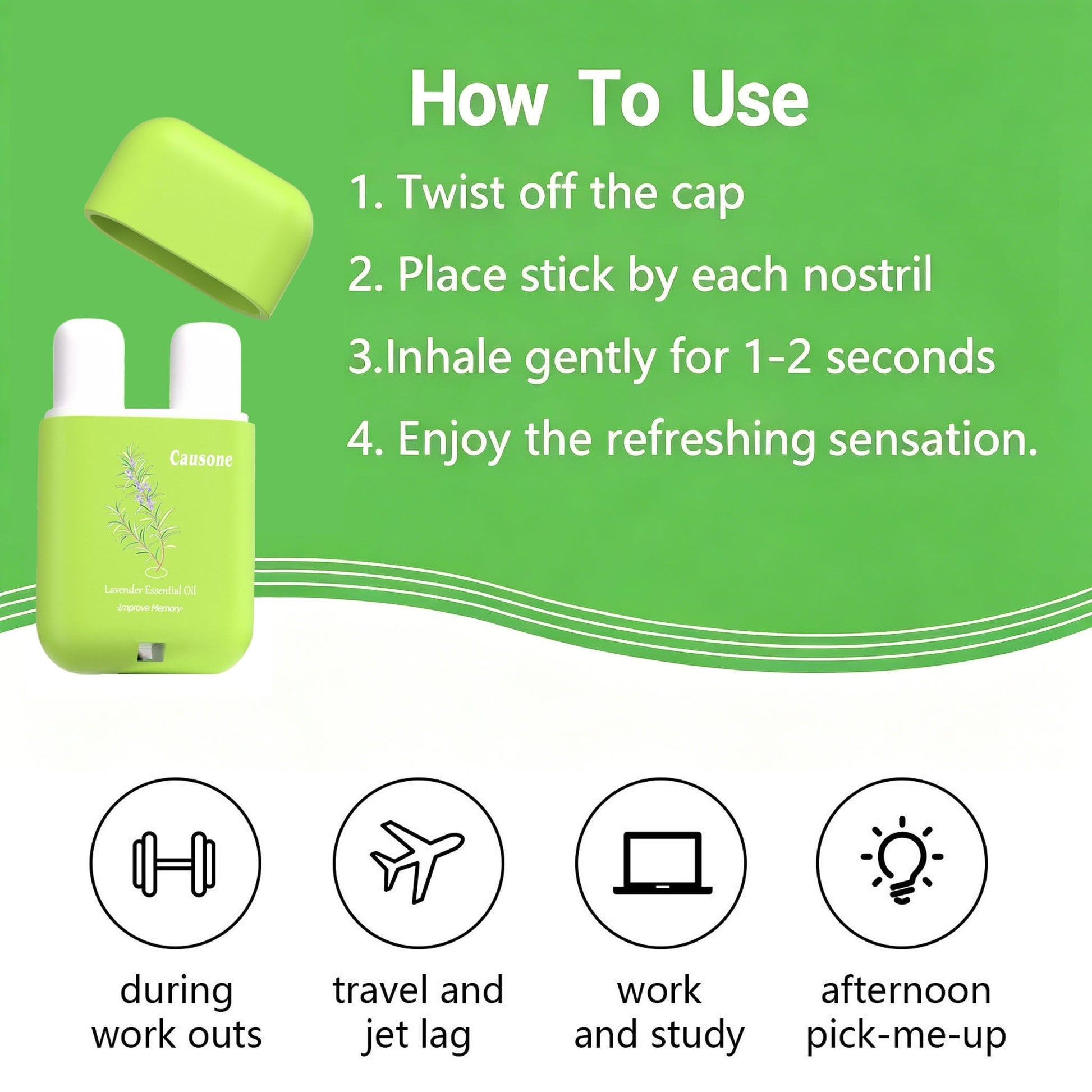 Four simple steps to open, position and inhale from the dual-head nasal stick