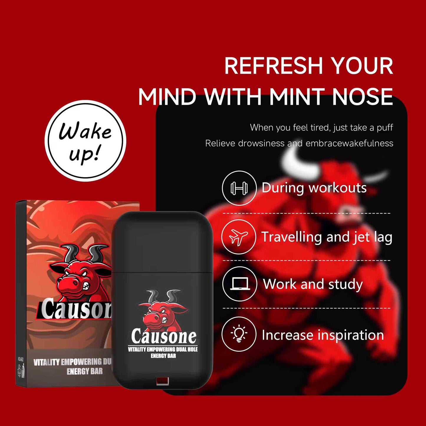 Infographic listing applicable scenarios including workout travel work and study for refreshing nasal inhaler