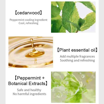 Ingredient chart showing cedarwood peppermint and plant essential oil components for refreshing inhaler