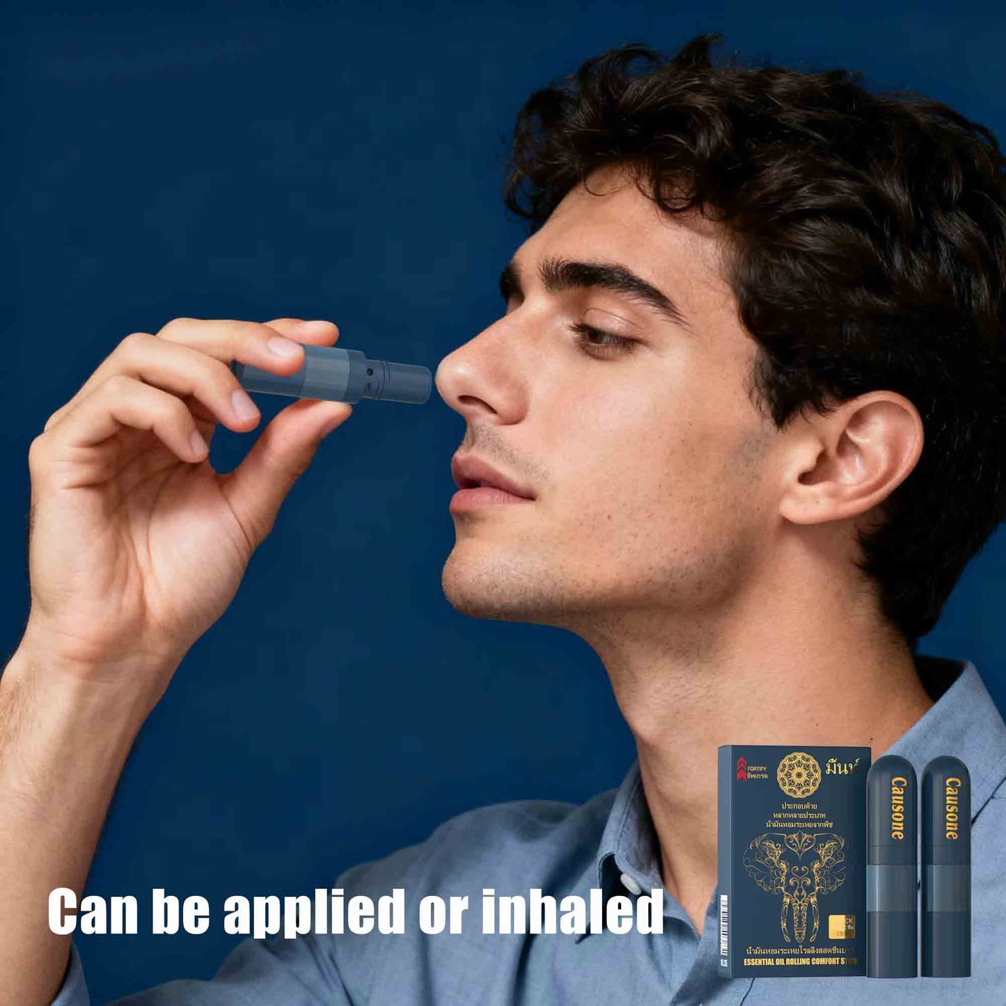 User inhales from the portable essential oil stick for refreshing relief