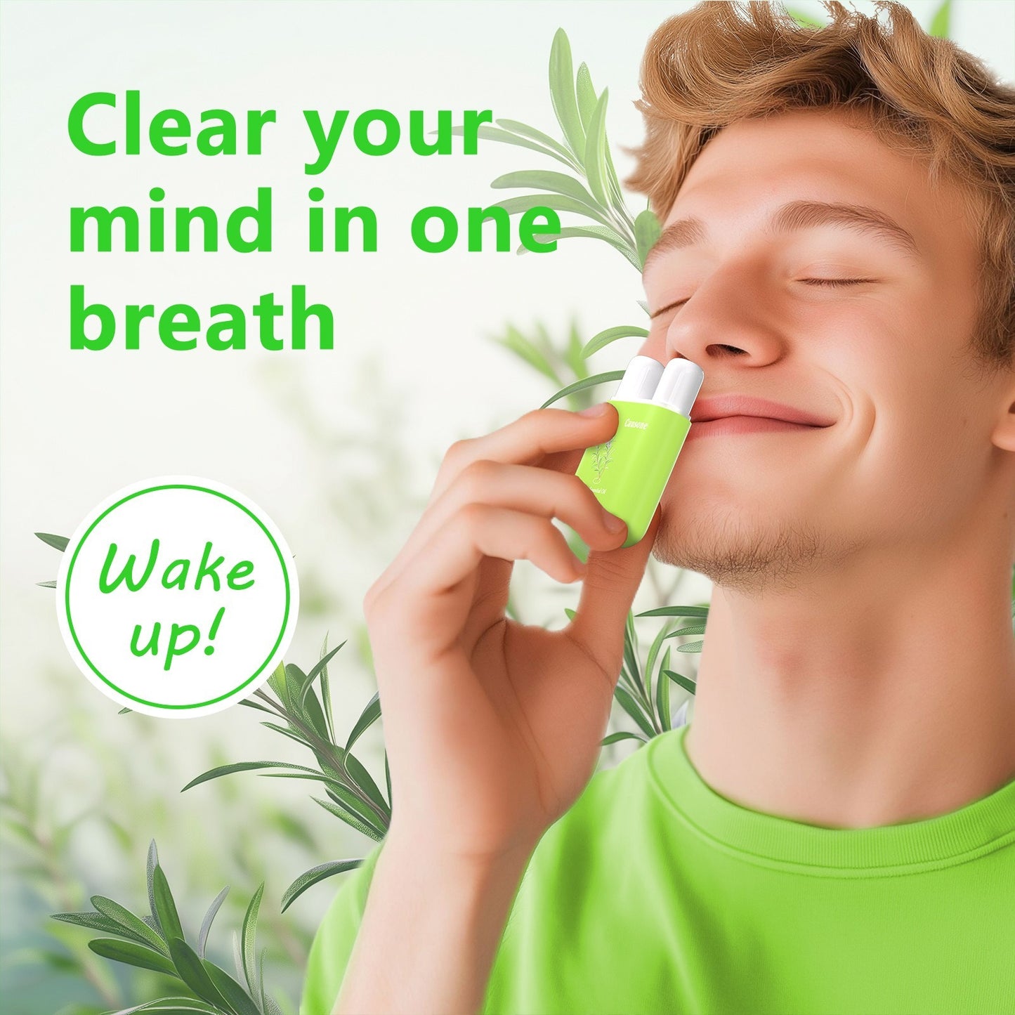 User gently inhales from the compact dual nozzle essential oil inhaler