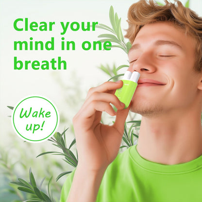 User gently inhales from the compact dual nozzle essential oil inhaler