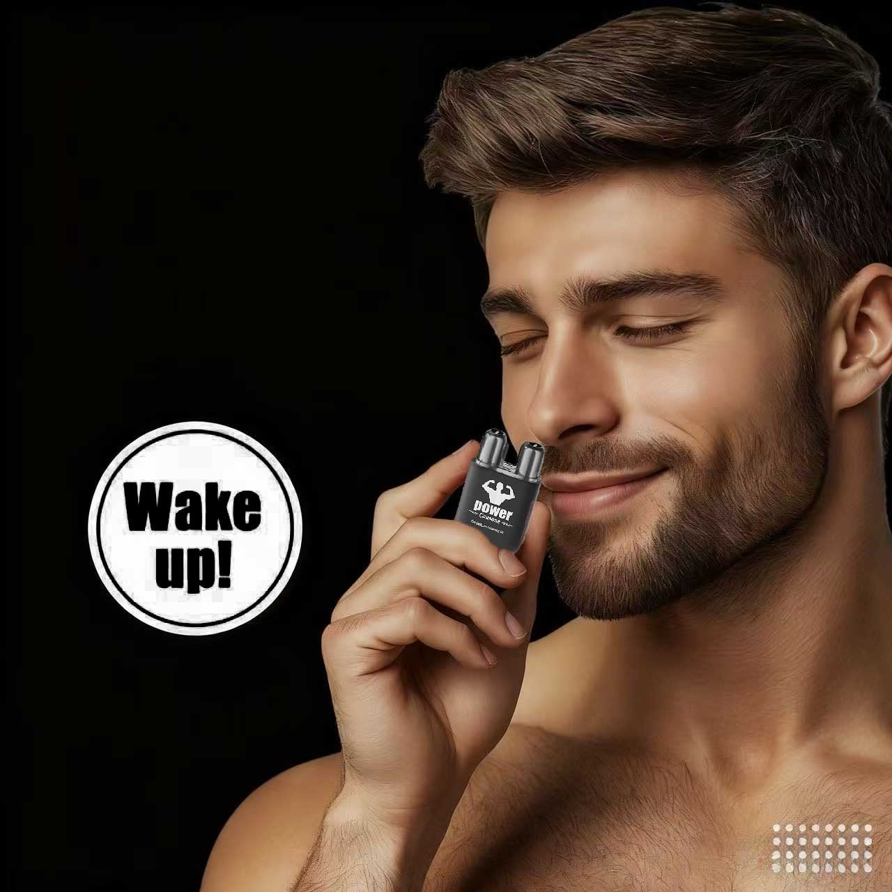 Man inhales from the compact dual-hole nasal stick to refresh and wake up