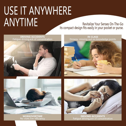 Infographic showing the portable nasal stick relieves sleepiness in driving class and overtime work
