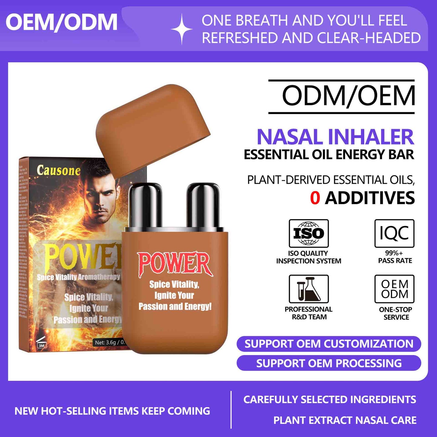 Dual tip energy nasal inhaler displayed with packaging box showing OEM ODM customization support