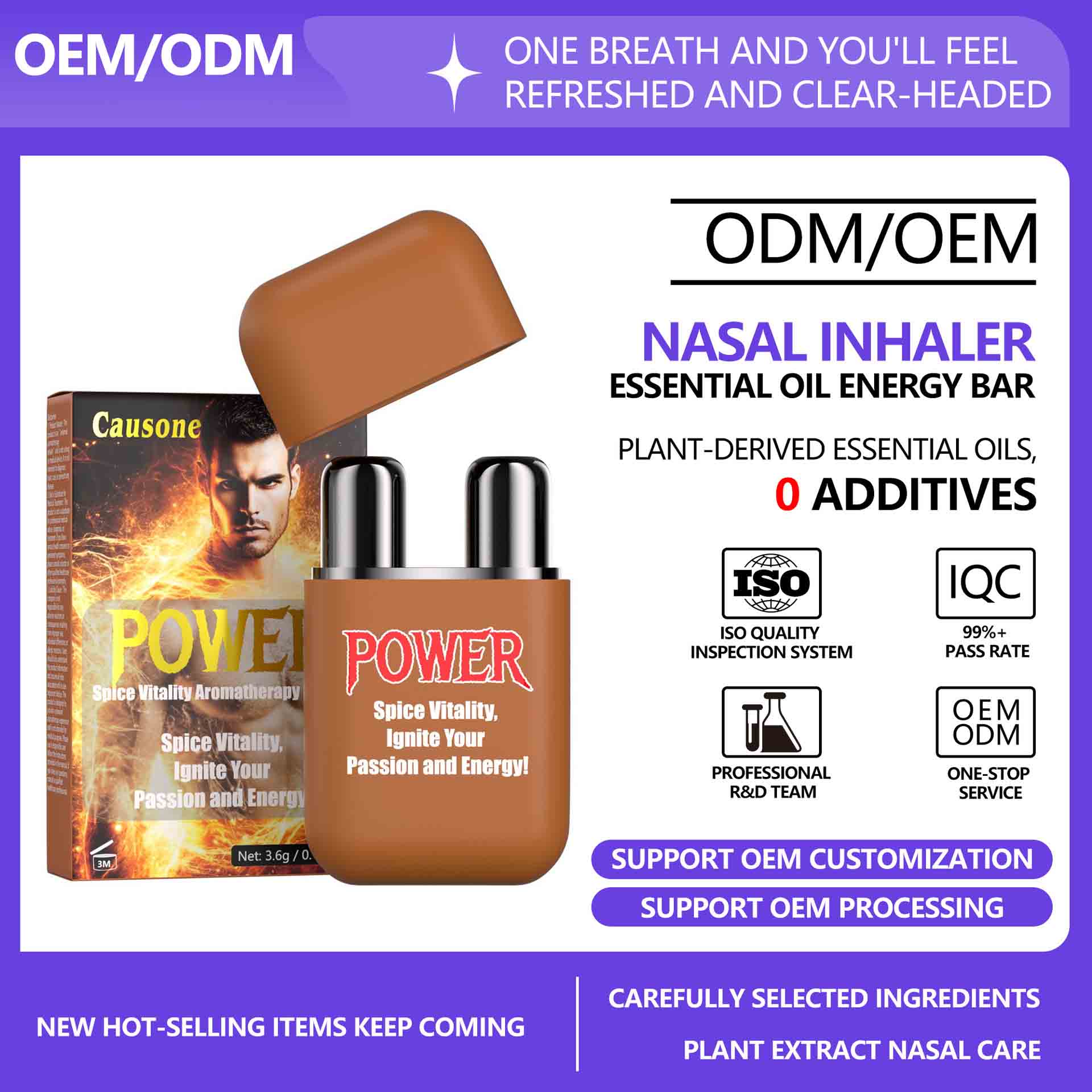 Dual tip energy nasal inhaler displayed with packaging box showing OEM ODM customization support