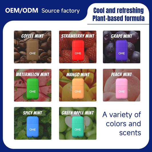 Eight flavors portable mint nasal inhalers displayed with fruit themed backgrounds for custom wholesale