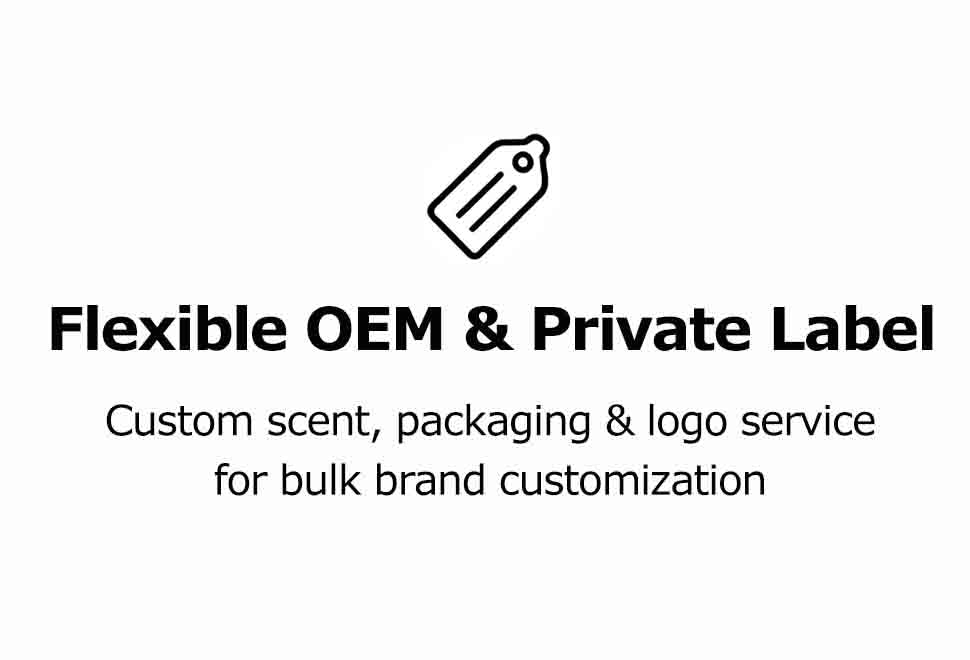 Price tag line icon showing flexible OEM and private label service with custom scent, packaging and logo customization options.