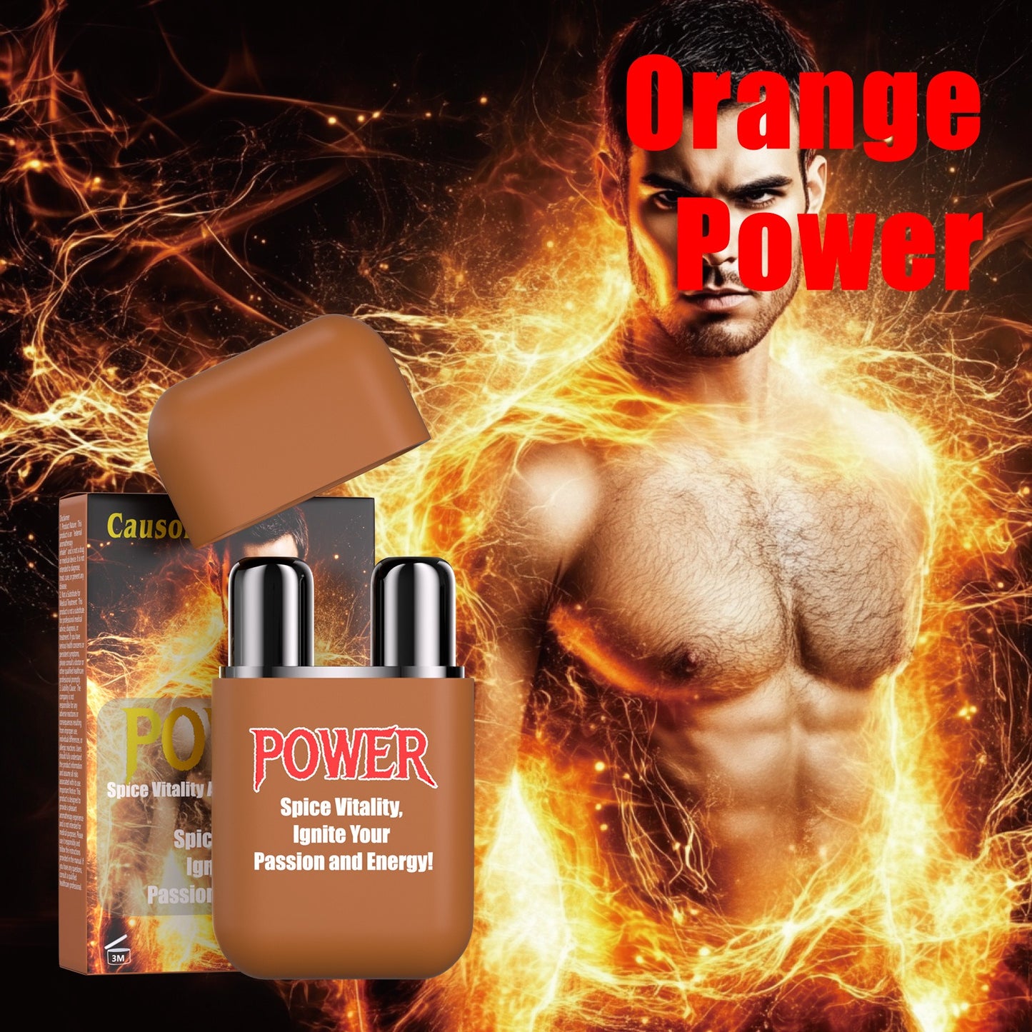 Vitality aromatherapy nasal inhaler packaged box with energetic fiery male character background