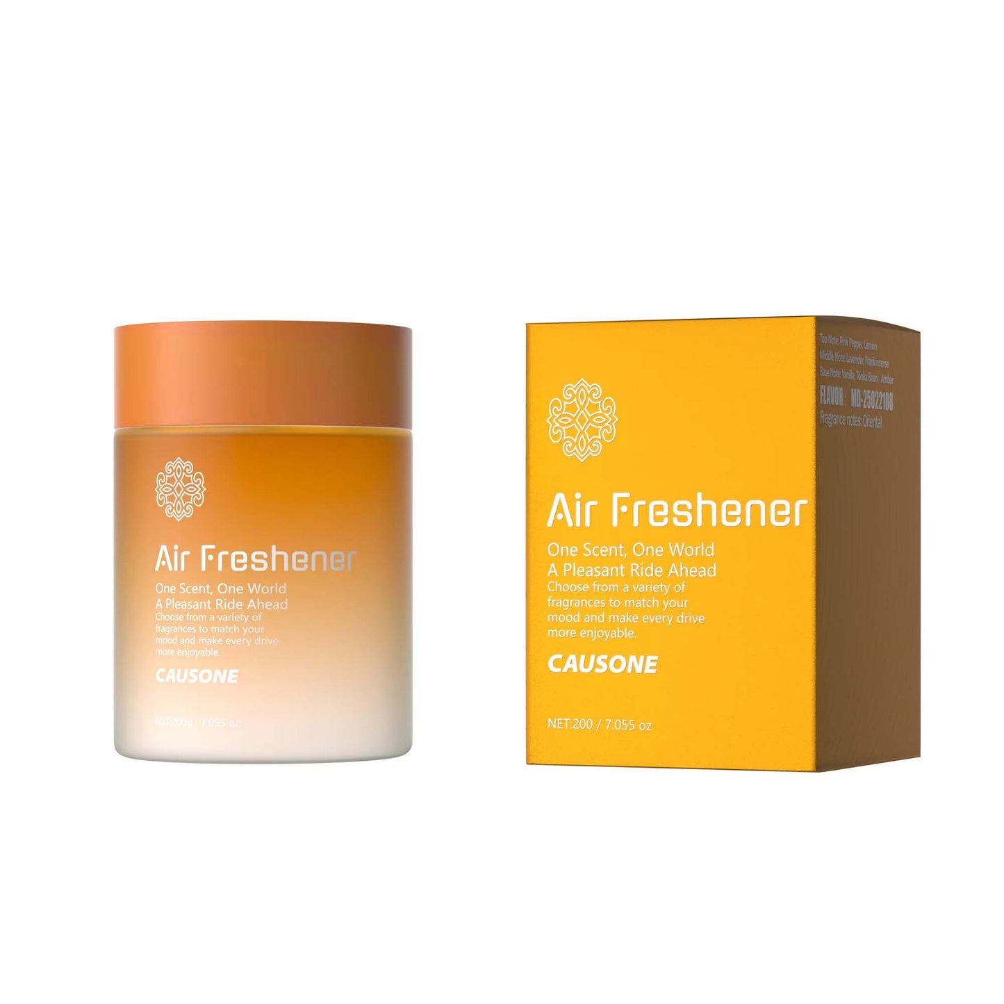 Orange solid home and car air freshener jar with matching packaging box isolated on white background