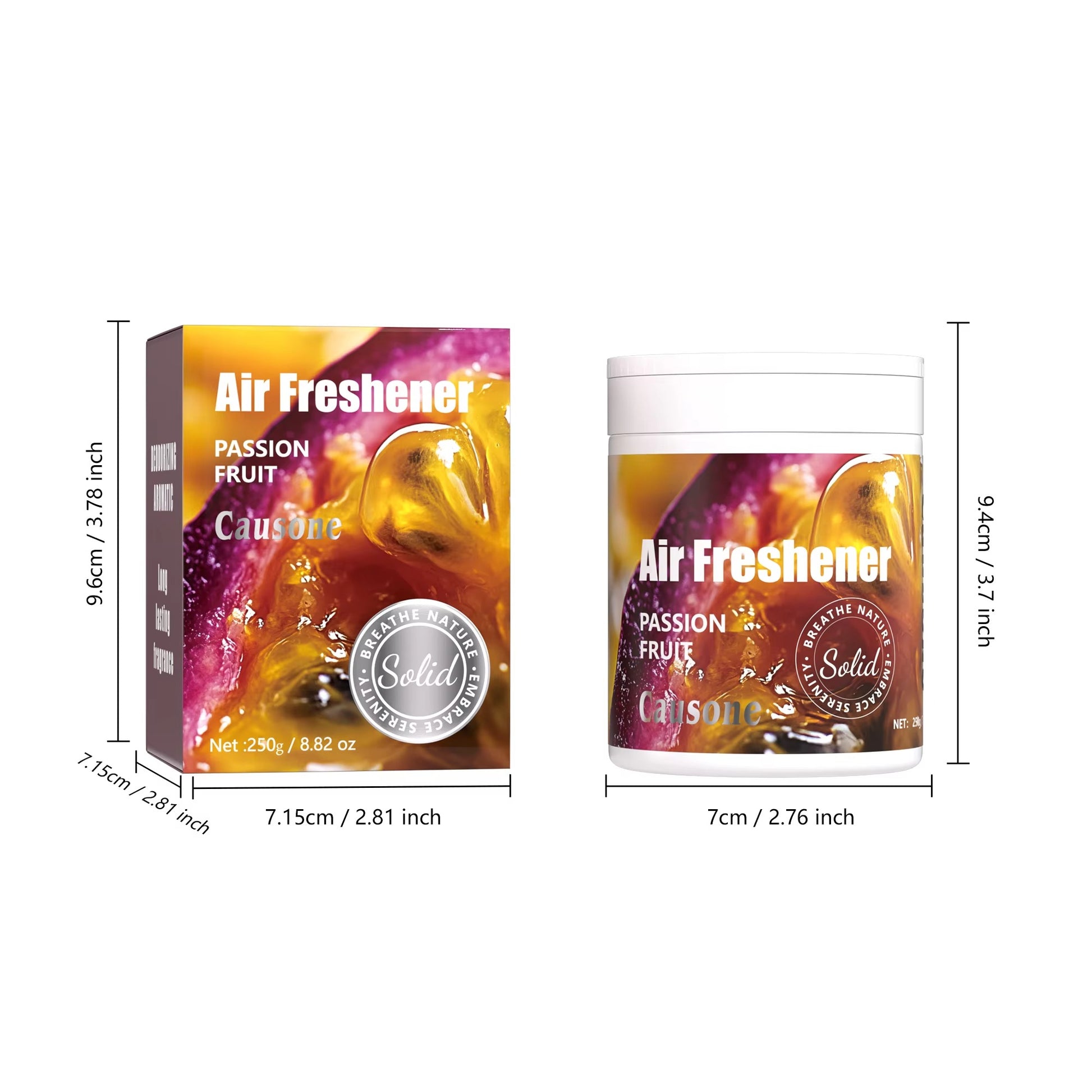 Passion fruit solid gel air freshener with packaging dimension chart