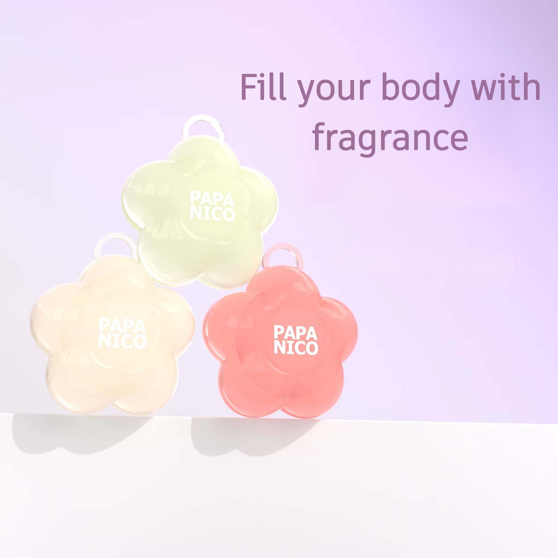 Three pastel flower solid body balm minimal soft aesthetic product shot