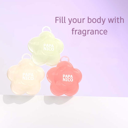 Three pastel flower solid body balm minimal soft aesthetic product shot