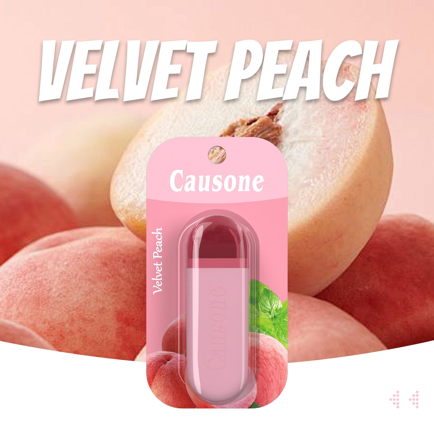 Velvet peach flavor pocket breath freshener stick surrounded by ripe fresh peaches