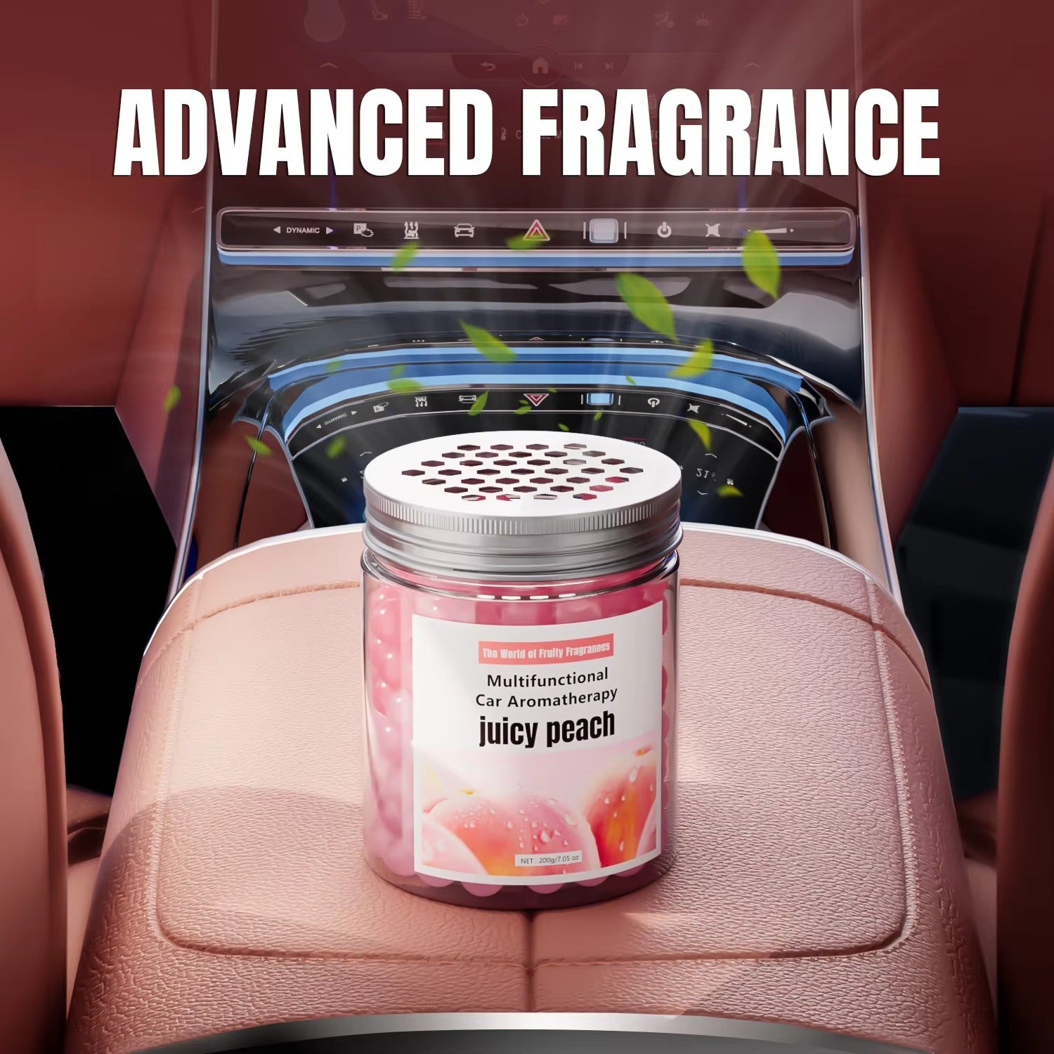 Juicy peach fruit crystal bead air freshener placed on car central control