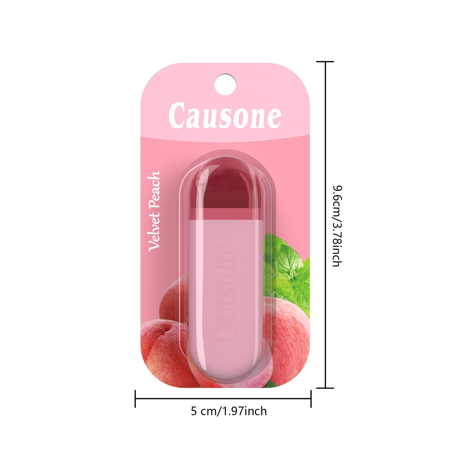 Peach scented breath freshening stick in retail blister pack with dimension markings