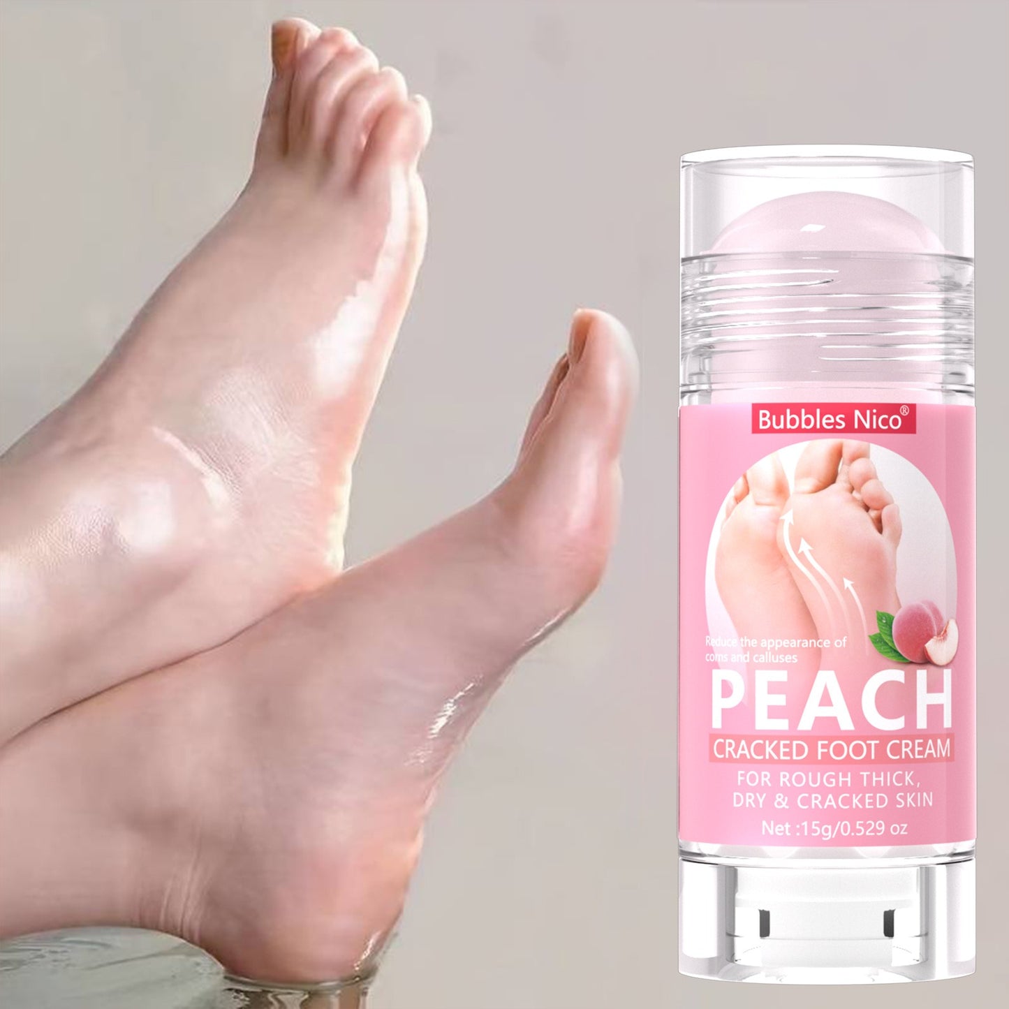 Peach scented foot stick delivers soft and hydrated foot skin