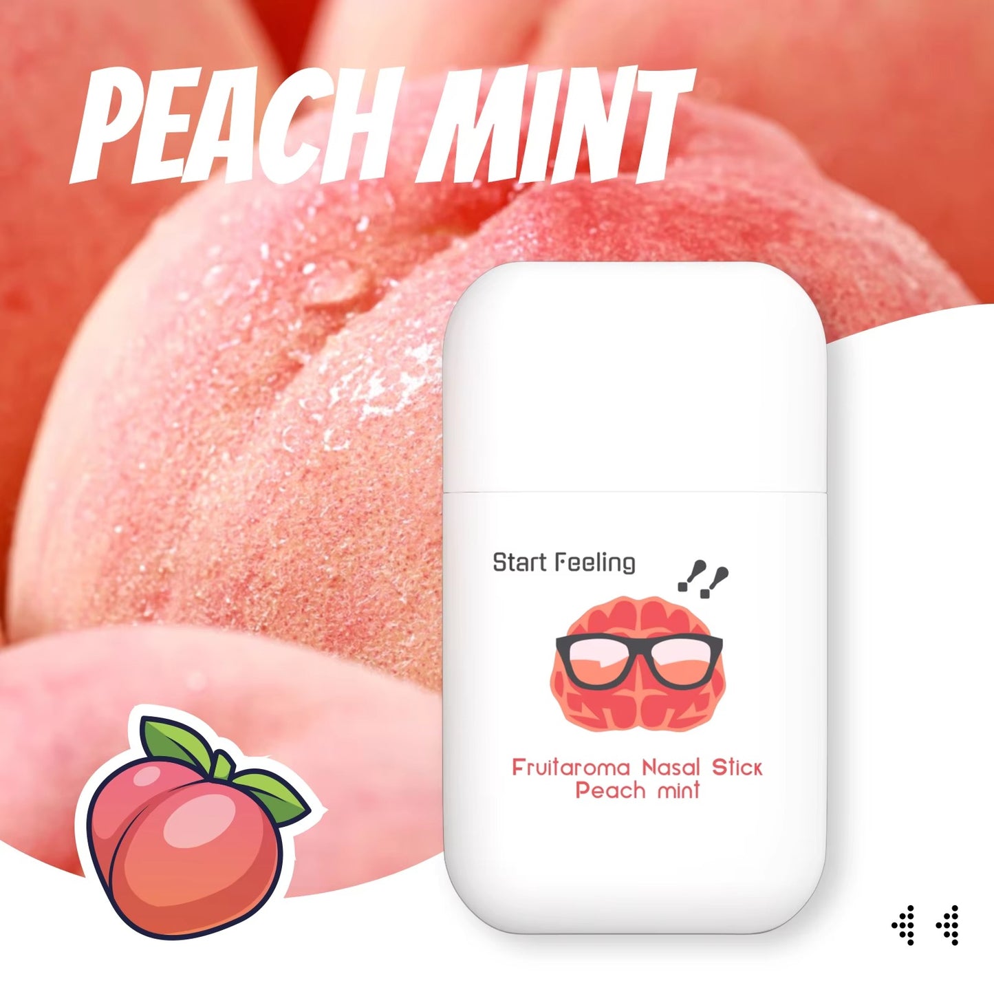 Soft peach mint flavored portable nasal stick surrounded by fresh peaches